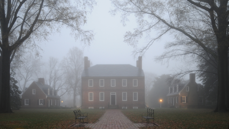 Historic Kenmore, home of Fielding and Betty Washington Lewis, on a foggy December morning.