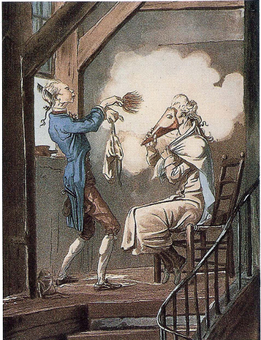 A gentleman being powdered by his valet.  A cone protects the gentleman’s face during the process.  Powder was made from starch, often wheat flour, or powdered white clay.  The Toilette of the State Prosecutor’s Clerk, c. 1768 by Carle Vernet.