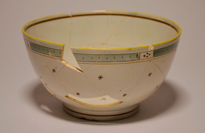 Pearlware waste or ‘slop’ bowl. Hand painted. Made in England between 1795 and 1830.  This bowl would have been used during the tea ceremony as a receptacle for spent tea leaves or unwanted cold tea before refilling a cup with hot tea.