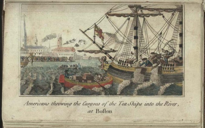 "Americans throwing Cargoes of the Tea Ships into the River, at Boston," engraving by W.D. Cooper in The History of North America. London: E. Newbury, 1789. Credit: Library of Congress / Wikimedia Commons