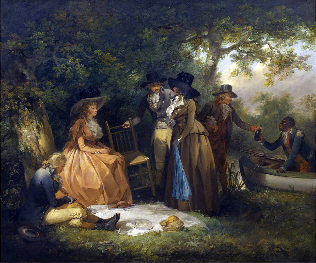This painting shows chairs being provided for the ladies to use during lunch on a fishing trip. The Anglers' Repast (1789) by George Morland, 1763–1804, British, Oil on canvas. Public domain. Credit: Yale Center for British Art, Paul Mellon Collection.
