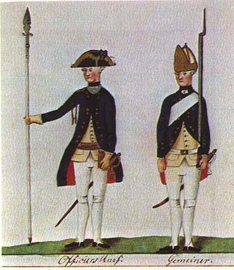 An officer and private in Hessen-Kassel Army's Fusilier Regiment von Knyphausen