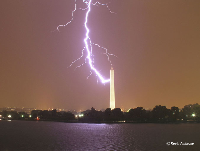 Lightning striking the Washington Monument, July 1, 2005.