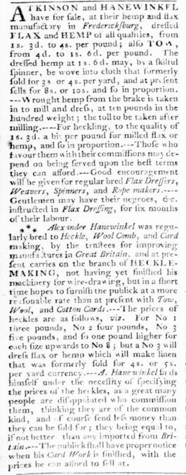 Ad for Atkinson & Hanewinkel, Virginia Gazette, September 1776