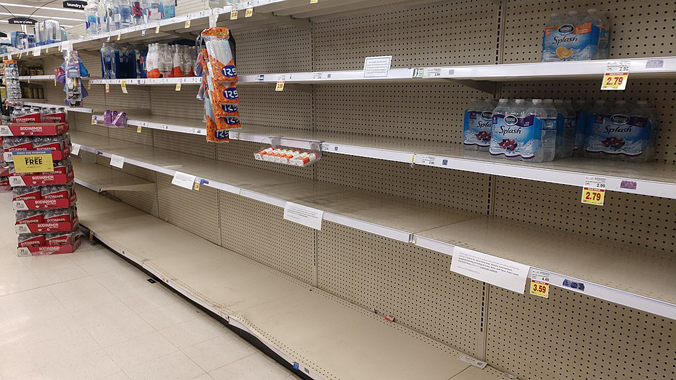 Empty bottled water shelves